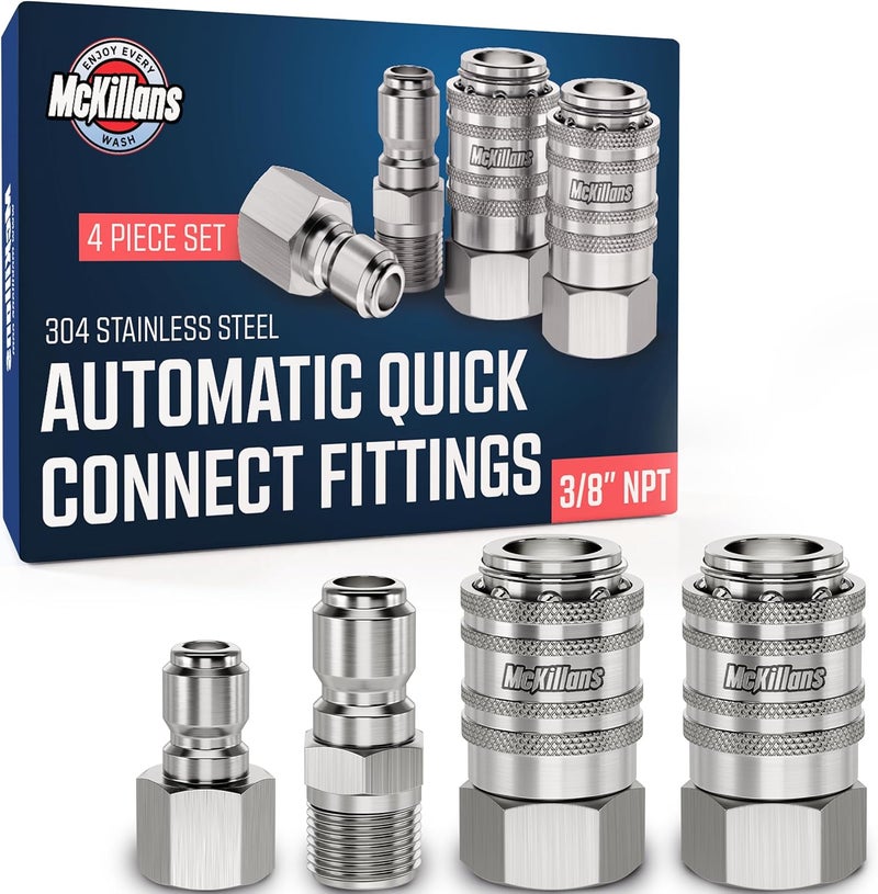 McKillans ® 3/8" NPT Automatic Pressure Washer Quick Connect Kit of 4 - Stainless Steel - 3/8" Pressure Washer Quick Connect Fittings - Power Washer NPT 3/8" - PUSH-TO-CONNECT - Upgraded Viton O-Rings - Image 1
